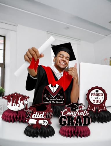 Image of Graduation Table Decorations, Red Black Honeycomb Centerpiece Glitter Graduation Centerpieces for Tables Congrats Grad Table Toppers Congratulate for Class of 2026 Grad Party Supplies, 9Pcs