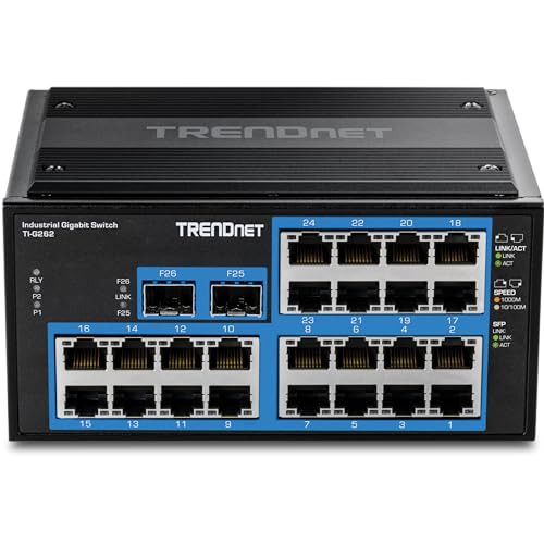 Image of TRENDnet 26-Port Hardened Industrial Gigabit DIN-Rail Switch, TI-G262, 24 x Gigabit Ports, 2 x Gigabit SFP Ports, 52Gbps Switching Capacity, Lifetime Protection, Black