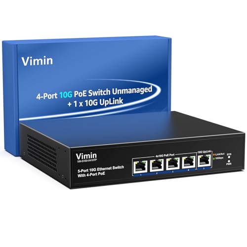 Image of 4-Port 10G PoE Switch with 10G Uplink Port, VIMIN 4-Port 10Gbe PoE Network Switch, Auto-Negotiation, for 10G NAS Network, Support IEEE802.3af /at, Plug & Play, 65W, 100Gbps Switching Capacity