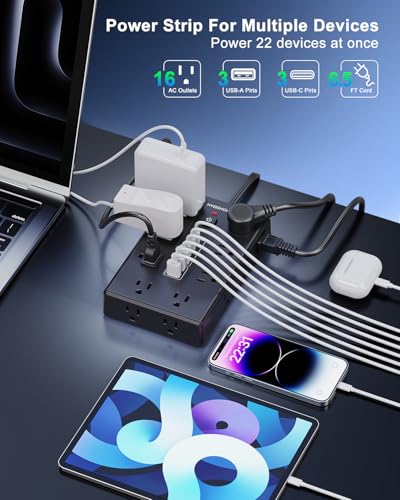 Image of Surge Protector Power Strip with 16 AC Outlets 6 USB Ports(3 Type C), Thin Flat Plug 6.5 FT Extension Cord with Multiple Outlets, Outlet Extender with Surge Protection for Home, Office, Dorm