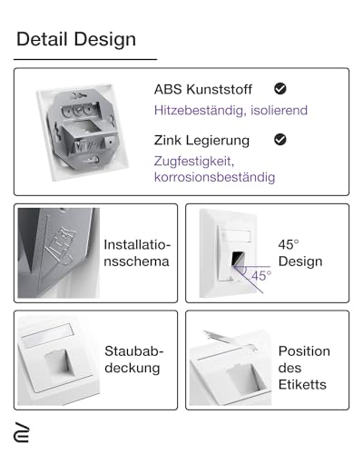 VCELINK 2x Keystone Netzwerkdose Unterputz CAT7/6A 1Fach, Lan Dose Keystone RJ45 Modul, STP Vollgeschirmt, RJ45 Ethernet Datendose DSL Patchkabel Verlegekabel