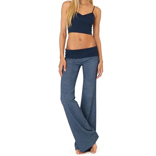 Image of Lounge Yoga Pants for Women Fold Over Low Waist Wide Leg Bell Bottoms | Y2K Foldover Pants, Flare Leggings, Low Rise Yoga Sweatpants