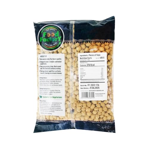 Food Factory SOYA Chunks - 400g, Source of Protein, Rich in Fibre, Ideal for Vegetarian and Vegan Recipes, Product from India Multiple Pack (Pack of 1)