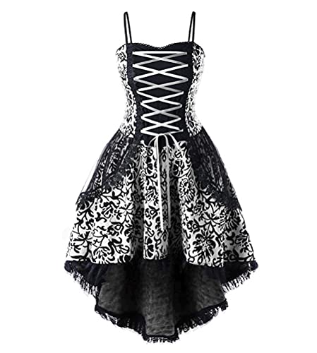 Minetom Damen Gothic Kleid Kariertes Schnüren Minikleid Strap Kleid Street Punk Halloween Cosplay Kleid Steampunk Vintage Rockabilly Kleid E Schwarz...
