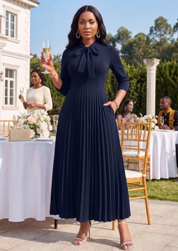Image of FANDEE Maxi Dress for Women Formal 3 /4 Sleeve Pleated Empire Long Dress Semi Formal Tie Neck Office Work Dresses