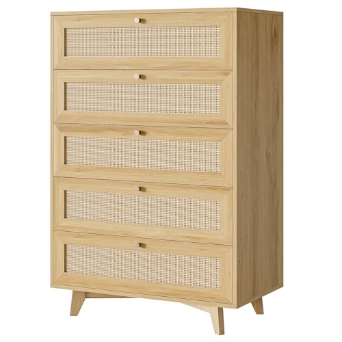 AOGLLATI Rattan Dresser for Bedroom with 5 Drawer, Modern Double Wooden Tall Bedroom Dresser, Chest of Drawers with Metal Handle & Solid Wood Legs for Bedroom/Living Room, - Image 7