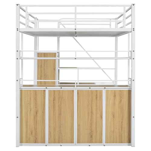 Loft Bed Full Size with Stairs,Metal Full Loft Bed with Wardrobe,Heavy Duty High Loft Bed with Shelves and Storage Lockers for Kids Teens, Adults, Space Saving,White