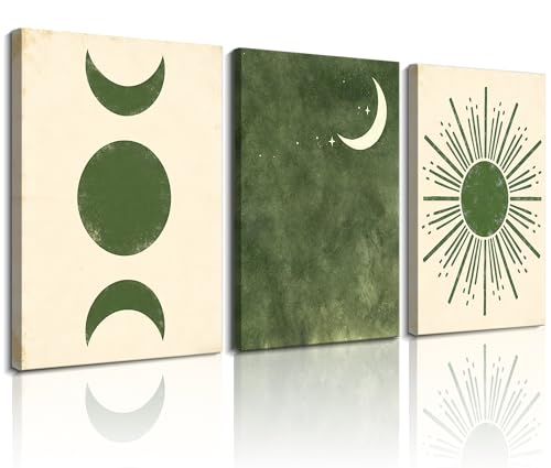 Image of Frimeeme Boho Sun and Moon Canvas Wall Art Set of 3,12x16 Inch,Framed | Mid Century Modern Minimalist, Living Room Bedroom Decor, Ready To Hang