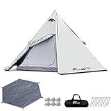 FIELDOOR ワンポールテント 400 4人用 【ライトグレー】 ＆ グランドシート 【グレー】 ロープ ペグ 収納バッグ付 UVカット シルバーコーティング 高耐水 フルクローズ メッシュ コンパクト