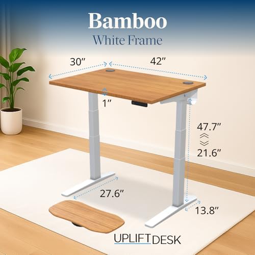 Image of UPLIFTDESK Bamboo (42 x 30 inch) Standing Desk 2-Leg V3 Adjustable Stand Up C-Frame (White), Advanced Keypad, Wire Grommets, Wire Tray, Rocker Board