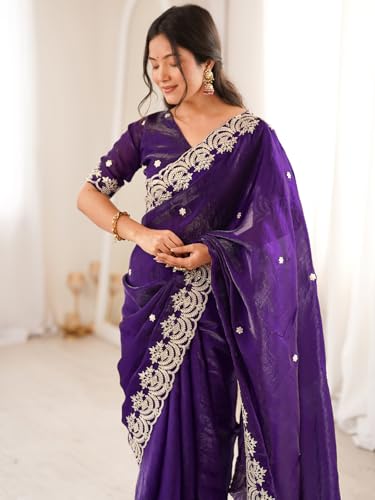 Image of SIRIL Women's Tissue Silk Sequence Embroidery Saree With Unstitched Blouse Piece