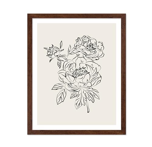 Poster Master Peonies Poster - Retro Flower Print - Floral Illustration - Black & White Illustration - Line & Abstract Design - Chic Boho Art - Flower Shop or Living Room Decor - 16x20 Brown Framed