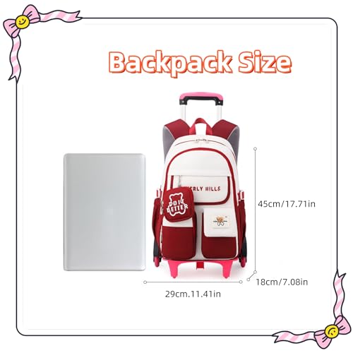 ZHANAO Color-blocking Rolling Backpack for Girls,Kawaii School Bag with Wheels,Trolley Bookbags for Primary Students2