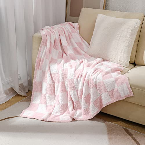 Checkered Throw Blanket Super Soft Pink Checkered Blanket 50"X60" Cozy Warm Checkerboard Blanket Chunky Knit Blanket Fluffy Blankets For Couch Sofa Bed Office, Pink&White #TOP5
