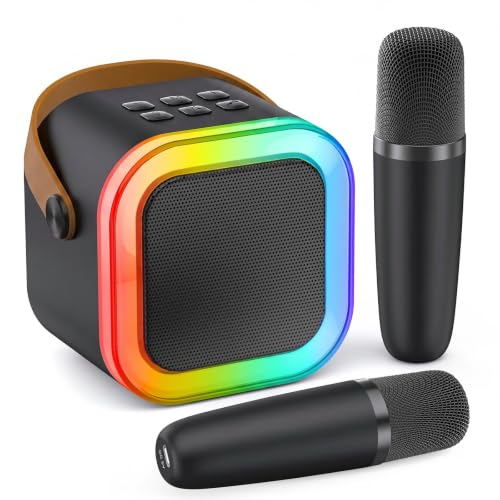 Mini Karaoke Machine, Portable Bluetooth Karaoke Microphone Singing Speaker with 2 Mic and Light, Studio Audio Monitors for All Smartphones,Birthday, Family,Home Party