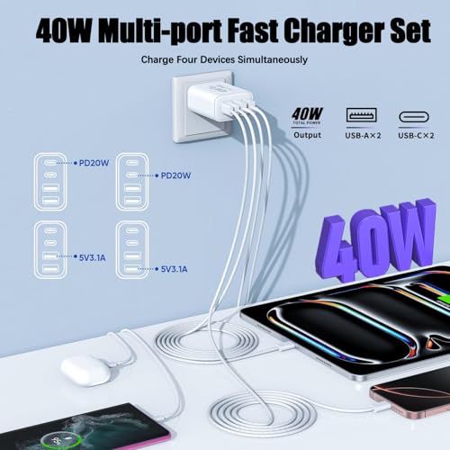 Image of iPhone 17 Charger Fast Charging,4-Port USB C Charger Block 2Pack 40W Apple Charger with 10FT USB C to C Woven Braid Cable Cord for Apple iPhone 17e /17 Pro Max /17 Pro /17 /Air /16e /16 Pro Max /16Plus /15