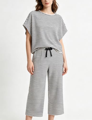 Image of Bozanly 2 Piece Sets for Women Short Sleeve Tops and Capris Loose Matching Pajama Sets Sweatsuits