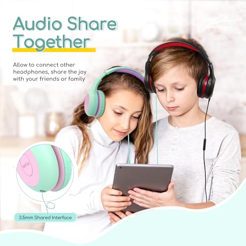 Image of EarFun Kids Headphones with Mic for Boys /Girls, Over Ear HD Wired Headphones for Children, 85 /94dB Volume Limiter, Sharing Port, Foldable On Ear Headsets for School /Pad /PC /Travel (Green&Violet)
