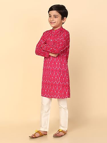 Image of KISAH Kid's Full Sleeves Cotton Blend Knee Length Printed Hot Pink Kurta Pyjama Set (3-4Y)