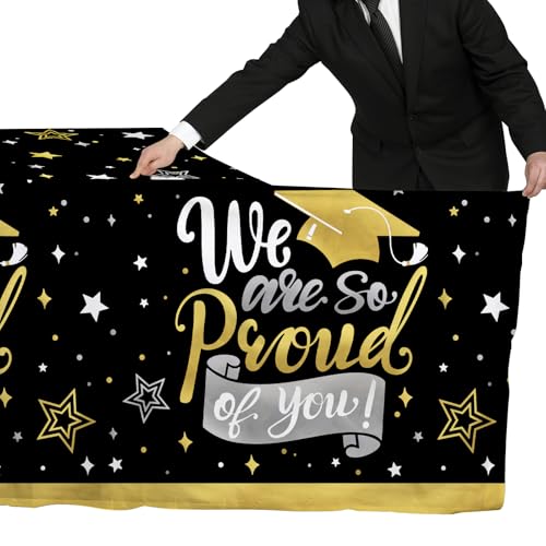 Image of Gatherfun Graduation Decorations 2026-2 Pcs Black and Gold Gongrats Grad Tablecover for Graduation Party Decorations,Grad Plastic Table Covers 54 inchx108 inch