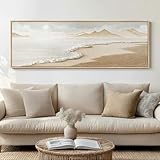 Framed Boho Coastal Beach Wall Art for Living Room, Large Neutral Ocean Canvas Artworks for Walls, Long Horizontal Abstract Minimalist Coastal Art Print for Bedroom Kitchen Office Wall Decor, 16x48 In