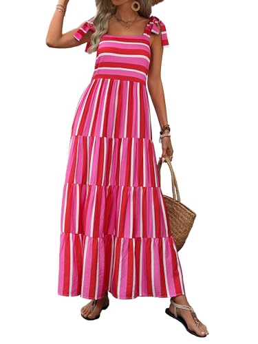 PRETTYGARDEN Womens Dresses 2025 Summer Striped Sleeveless Maxi Dress Casual Spaghetti Strap Tiered Flowy Beach Long Dress(Striped Rose Red,Medium)