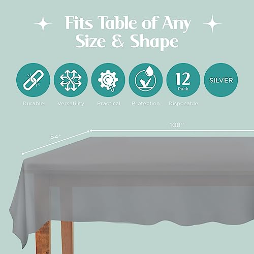 Mountclear 12-Pack Disposable Plastic Tablecloths 54" X 108" Rectangle Table Cover (Silver) #TOP1