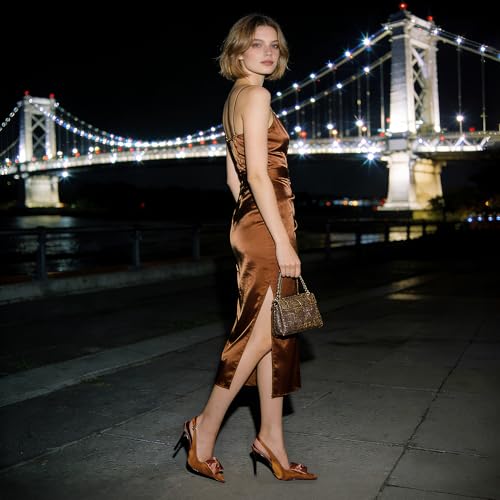 Image of Satin Slingback Pumps Women Floral Knot Pointed Toe Stiletto Heels