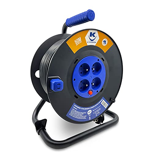 K•POWER - Enrollador alargador eléctrico Sección 3G1.5mm² H05VVF 16A, 4 tomas IP20, interruptor térmico de seguridad, asa de transporte, alargador... (50 metros 3G1.5) Cover