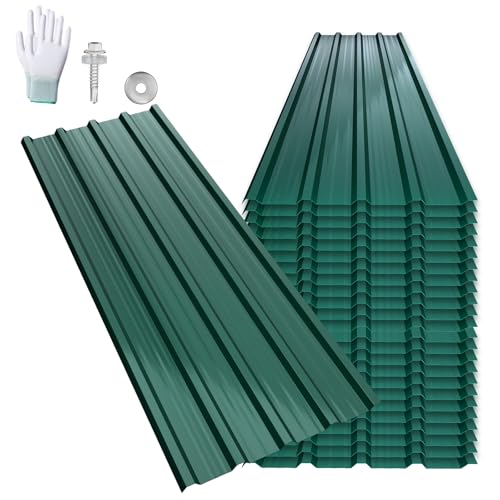 LARS360 24 láminas trapezoidales para techo de 129,5 x 45 cm, 14 m², chapa ondulada galvanizada perfilada de 0,25 mm, placas de techo de acero galvanizado para nave industrial, con guantes de montaje,