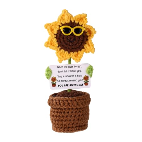 TOYMIS Girasol Tejido Positivo, Muñeca Positiva Hecha a Mano Juguete Crochet con Gafas Sol & Tarjeta Lindo Juguete de Girasol de Crochet para Hombres Mujeres