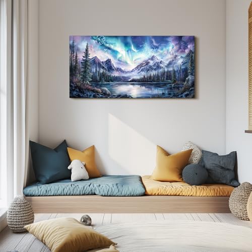 SERIMINO Aurora Landscape Large Wall Art, Mountain Forest Lake Nature Decor Art Prints, Fantasy Nightscape Artwork for Walls, Moonlit Night Canvas Art Wall Decor Living Room Bedroom Office 24"X48"