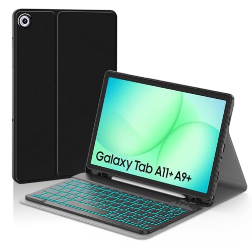 JUQITECH Backlit Keyboard Case for Samsung Galaxy Tab A11 Plus A9 Plus 11 Inch A11+ 2025 A9+ 2023 Soft Case with Keyboard Detachable Bluetooth Wireless Magnetic Keyboard Tablet Stand Cover UK Layout