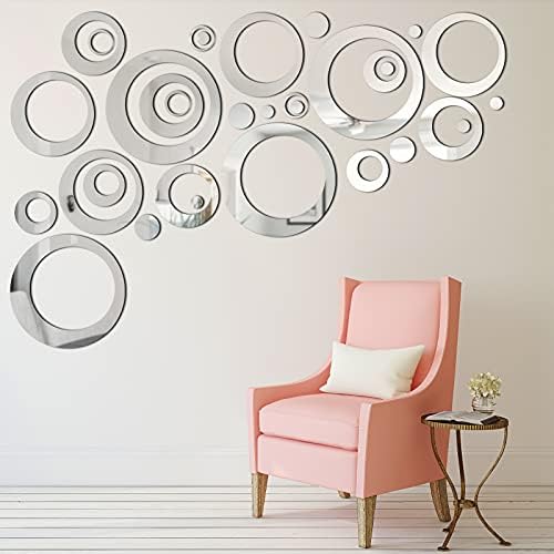 Shappy 32 Pcs Removable Acrylic Circle Mirror Wall Decals, Silver
