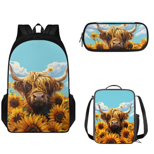 Set di zaino scolastico per ragazzi e ragazze con doppia cerniera per bambini grande borsa per la scuola con per il pranzo a tenuta stagna e astuccio 3 in 1 Girasole di leggero