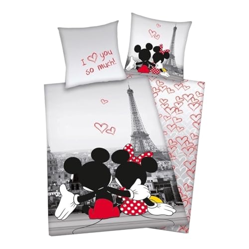Parure de Lit Mickey et Minnie Paris Disney Housse de Couette Disney Réversible avec Taie d'oreiller, 2 Pièces (140x200 cm + 63x63 cm), 1 Personne (Parure Minnie -a)