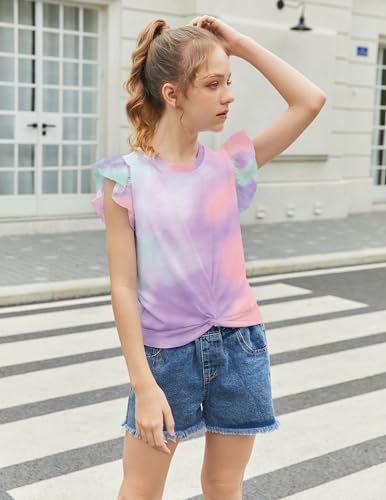 Image of Arshiner Girls Shirt - Short-Sleeve Twist Front T-Shirt for Girls with Cute Flying Sleeves - Summer Blouse Tunic Tee Tops