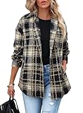 Beaully Women's 2025 Fall Clothes Plaid Shacket Jacket Long Sleeve Button Down Flannel Shirts Fashion Jacket 6025E Black Brown L