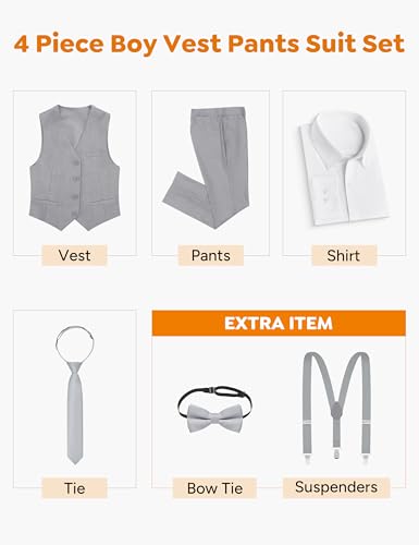 Image of Boys Suit Vest Set 4 Pieces Slim Fit Kids Light Gray Formal Vest and Pants Set for Wedding Ring Bearer, Easter, First Communion, Confirmation, Graduation Toddler Boys Size 3