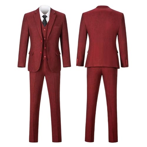 Image of Retro 3 Piece Suit Tweed Herringbone Men's Suits Slim Fit Jacket Vest Pant | Tweed Wool Blend Retro 3 Piece Suit Herringbone Men's Suits Vintage Wedding Groom Tux Set Dress Prom Single Breasted Jacket
