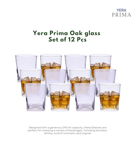 Image of Yera Prima Oak Whisky /Scotch /Water Glasses- 295 ml Each -Set of 12 pcs Tumblers Lead-Free Whiskey Glasses for Scotch Bourbon Cognac Brandy Cocktail Whiskey