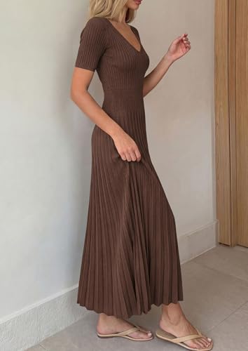 Image of PRETTYGARDEN Women's 2026 Spring Midi Sweater Dresses Elegant Pleated Ribbed Knit Short Sleeve V Neck A Line Summer Outfits