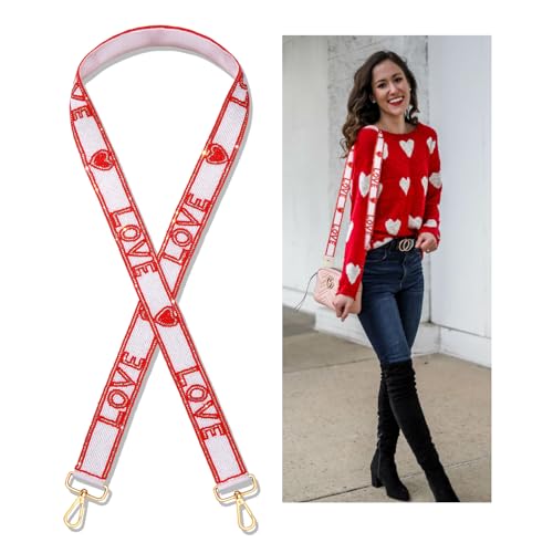 Image of ZOLEAROPY Valentines Love Heart Purse Crossbody Strap Handmade Beaded Red Heart LOVE Handbag Bag Strap Replacement for Women (red white, Large)