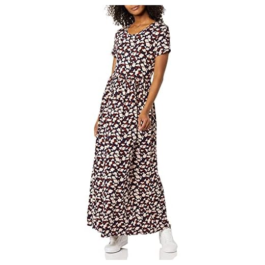 Amazon Essentials Maxi-Vestido con Cintura y de Manga Corta (Disponible en Tallas Grandes) Mujer, Azul Marino Rosa Estampado Floral, L