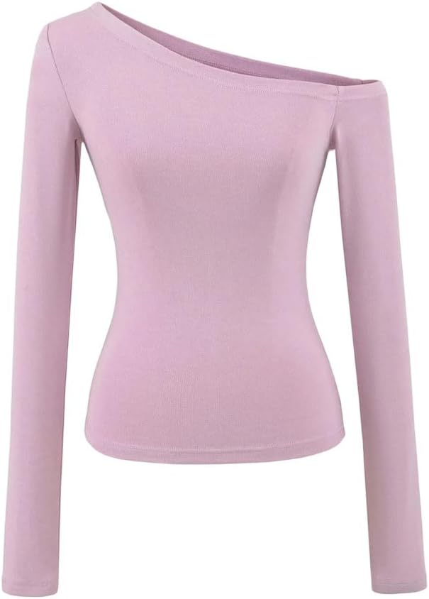 Women One Shoulder Long Sleeve Top Slim Short Style Slim Temperament Short Style T Shirt Apparel