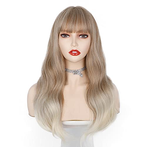 ENTRANCED STYLES Ombre Blonde Wig with Bangs, Long Wavy Wigs for Women Natural Wig Blonde Ombre Wig Synthetic Dirty Blonde Wig Heat Resistant Fiber Natural Looking