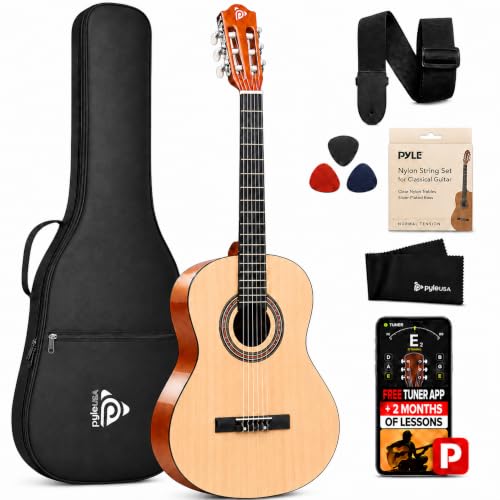 Image of Pyle 30-Inch Beginner Acoustic Guitar Kit, 1 /4 Size Junior Classical Nylon String Guitar for Kids and Adults, Includes Gig Bag, Strap, Spare Strings, Picks, Cleaning Cloth, Natural Ash, Gloss