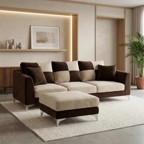 Image of Romeo Rich 4 Seater L Shape Sofa Set with Movable Ottomans | Flexible Layout | Velvet Suede Fabric | Golden Aesthetic Legs | Dual Tone Modern Sofa for Living Room (Dark Brown-Cream)