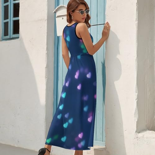 Robe longue d'été col V imprimé coeurs roses bleus sans manches décontracté