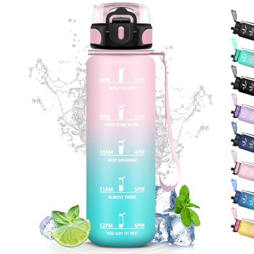 Grsta Botella de Agua 1l, Deporte con Filtro, a Prueba de Fugas, con Marca de Tiempo, Gimnasio, Cantimplora para Deporte, Correr, Senderismo